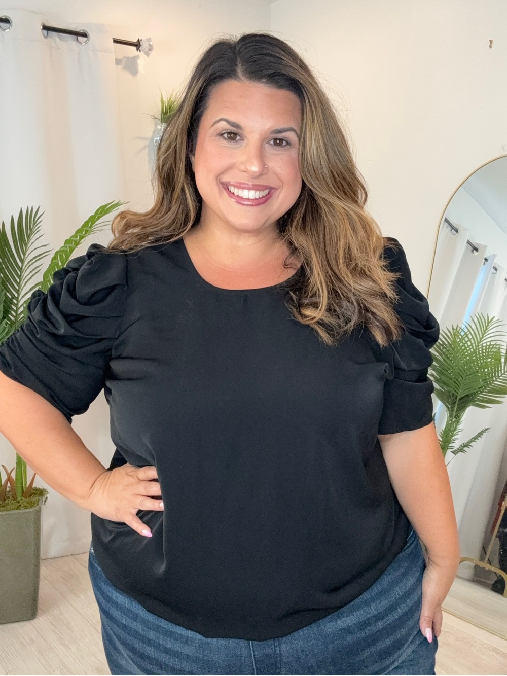 Black Puff Sleeve Round Neck Blouse
